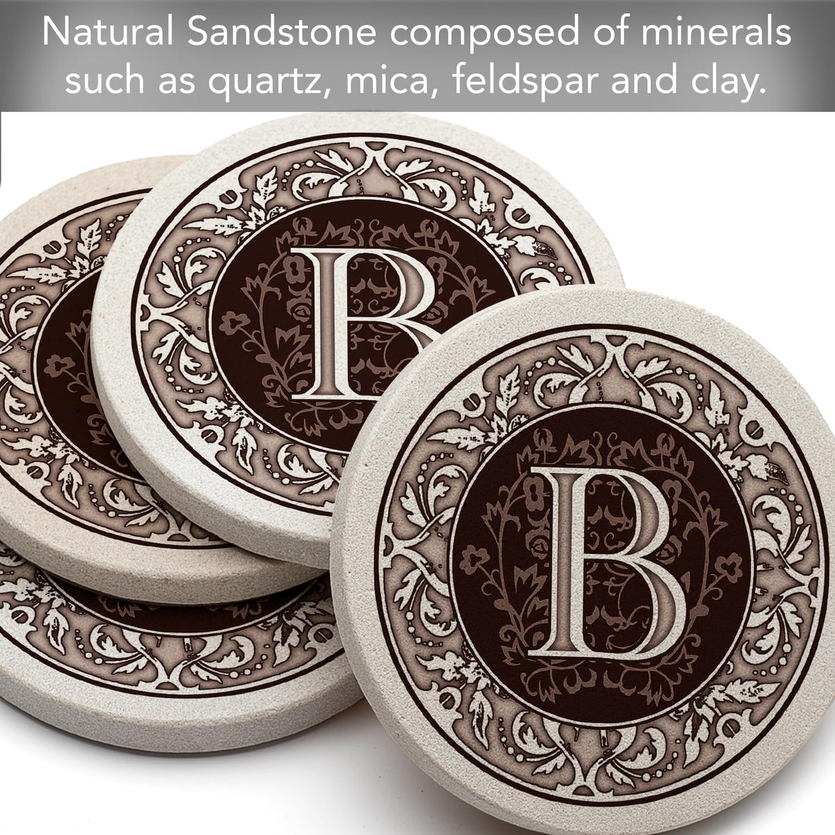 Thirstystone Monogram Round Natural Sandstone Coaster 4 Pack (Letter B)