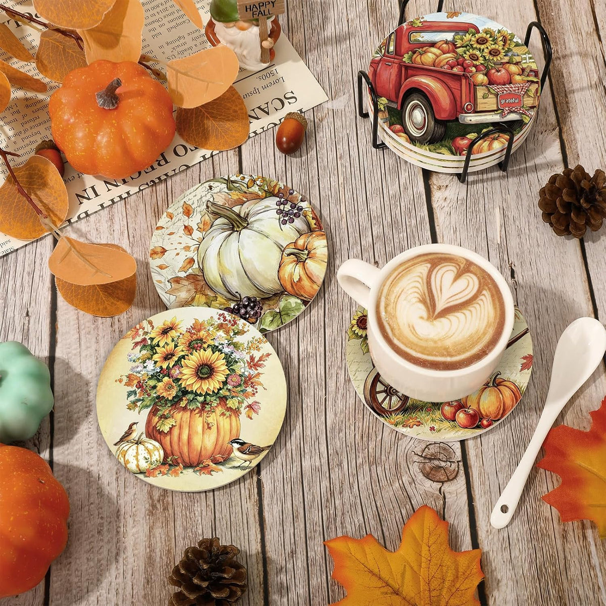 Whaline 6Pcs Fall Ceramic Coasters with Holder Pumpkin Truck Sunflower Bucket Drink Coaster Retro Farmhouse Heat-Resistant Cup Mats for Autumn Thanksgiving Home Party Tabletop Decor