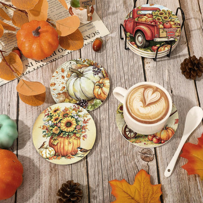 Whaline 6Pcs Fall Ceramic Coasters with Holder Pumpkin Truck Sunflower Bucket Drink Coaster Retro Farmhouse Heat-Resistant Cup Mats for Autumn Thanksgiving Home Party Tabletop Decor