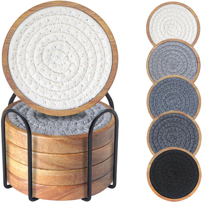 Wood Coasters for Drinks, Eykao Absorbent Coaster Sets of 5, Woven Drink Coasters for Coffee Table, Housewarming Gift for Farmhouse Home Decor,4 inches