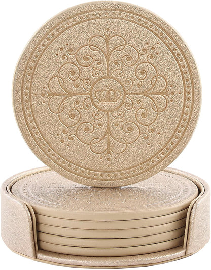 Coasters Set of 6 - PU Leather Coasters for Drinks with Holder - Gold