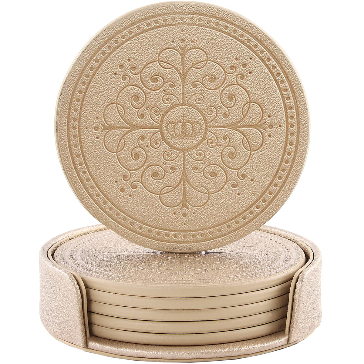 Coasters Set of 6 - PU Leather Coasters for Drinks with Holder - Gold
