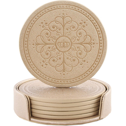 Coasters Set of 6 - PU Leather Coasters for Drinks with Holder - Gold