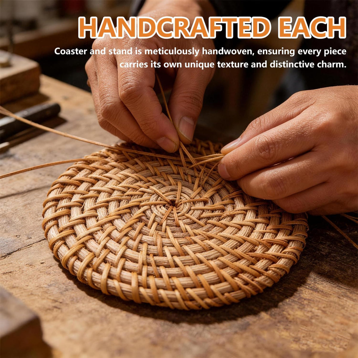 6PCS Natural Handmade Rattan Coasters with Holder - Wicker Drink Coasters Set, Housewarming Gifts Coastal Decoration Boho Coasters