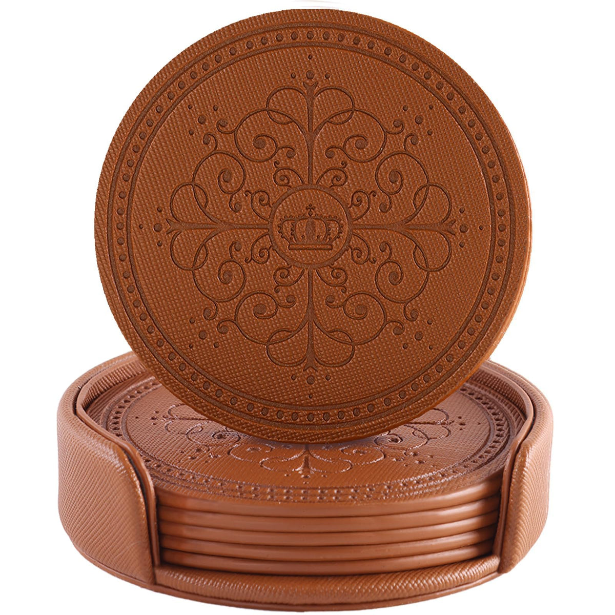 Coasters Set of 6 - PU Leather Coasters for Drinks with Holder - Gold
