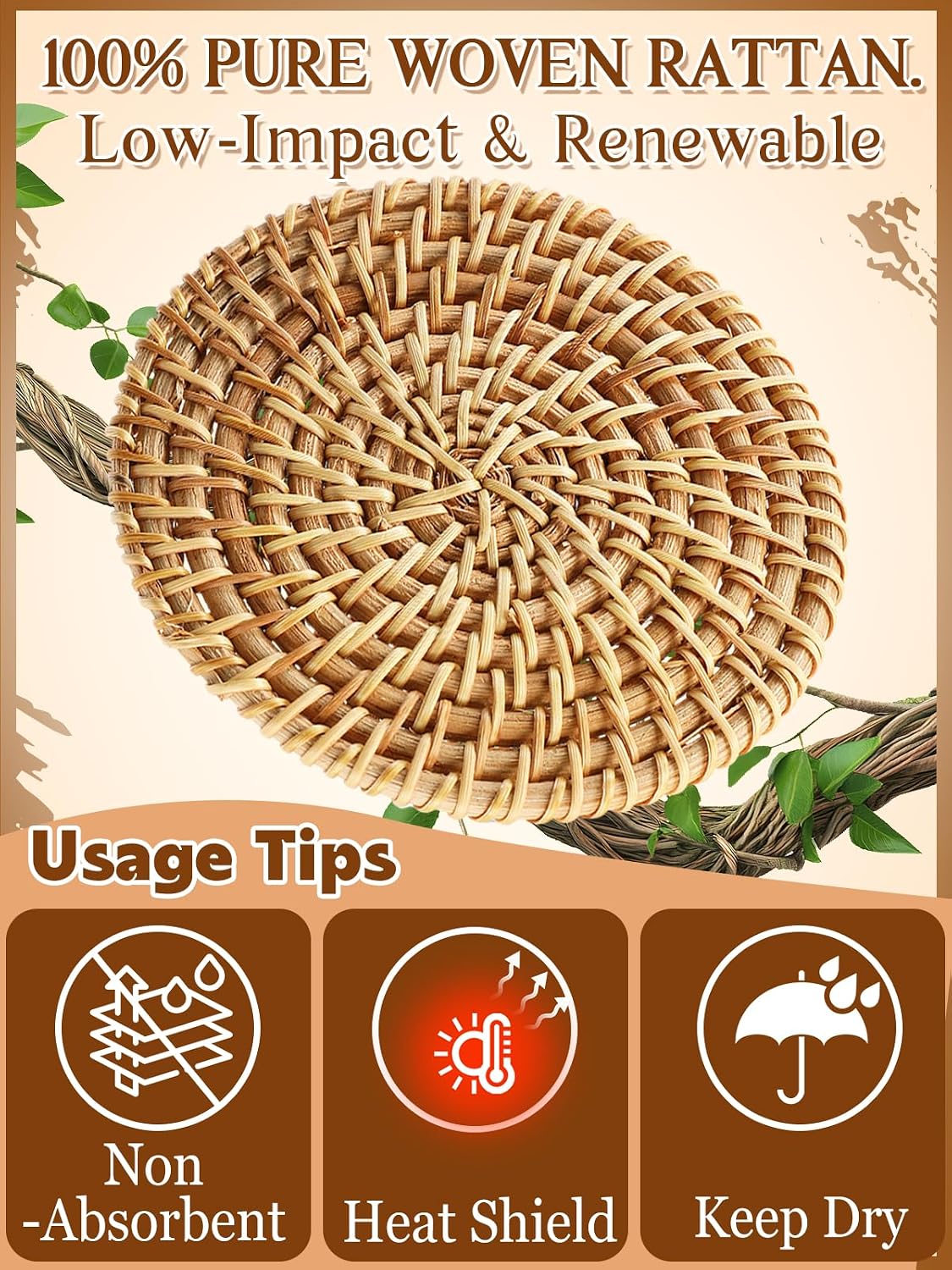 Handmade Rattan Coasters Set of 6 with Holder, Farmhouse Home Decor