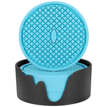 ME.FAN Silicone Coasters [6 Pack] Thickened Drink Coasters with Holder - Cup Mat - Non-Slip, Non-stick, Stay Put, Deep Tray - Prevents Furniture and Tabletop Damages(Gray)