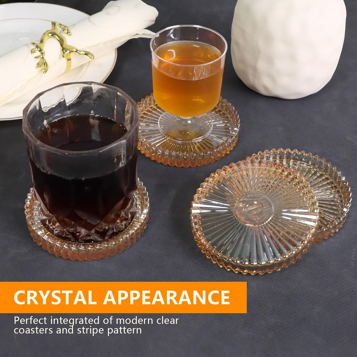 VIBRATITE 4 Inch Glass Coasters Set of 4, Amber Round Drink Coasters