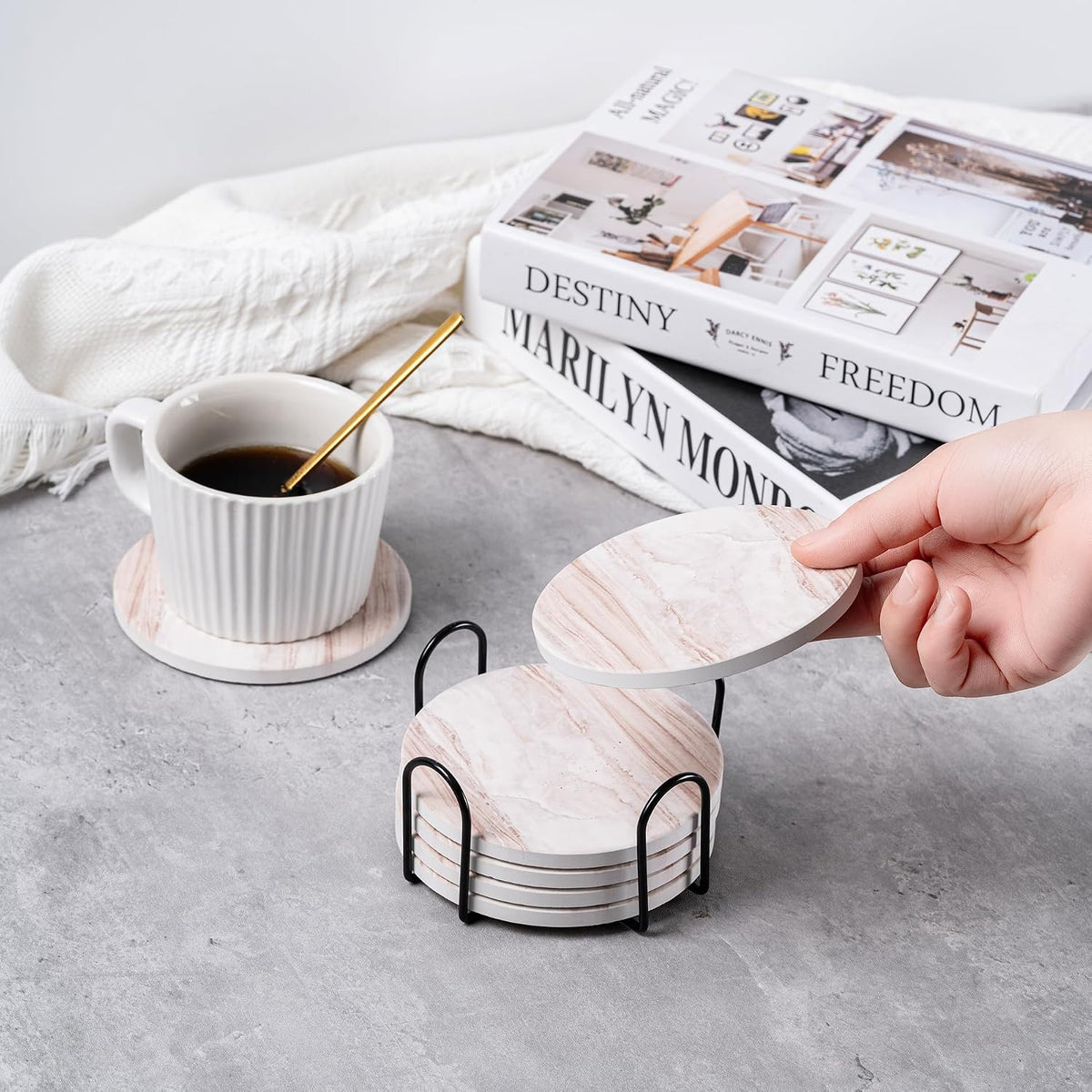 6Pcs Absorbent Coasters Set with Holder,Ceramic Drink Coaster,4 in（A6）