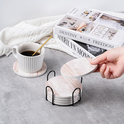6Pcs Absorbent Coasters Set with Holder,Ceramic Drink Coaster,4 in（A6）