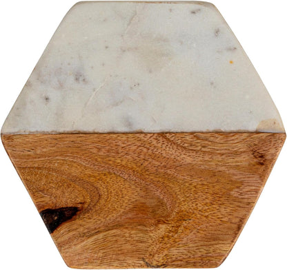 Creative Co-Op 4-Piece Marble and Mango Wood Hexagon Coasters, White and Natural