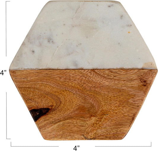 Creative Co-Op 4-Piece Marble and Mango Wood Hexagon Coasters, White and Natural