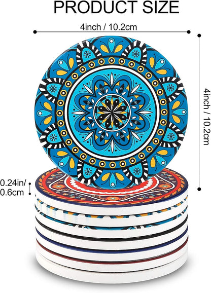 Coasters for Drinks,AODINI Set of 8 Absorbent Stone Coasters for Wooden Table, Mandala Ceramic with Cork Base, Gift for Housewarming Birthday and Family - Great Home and Dining Room Decor