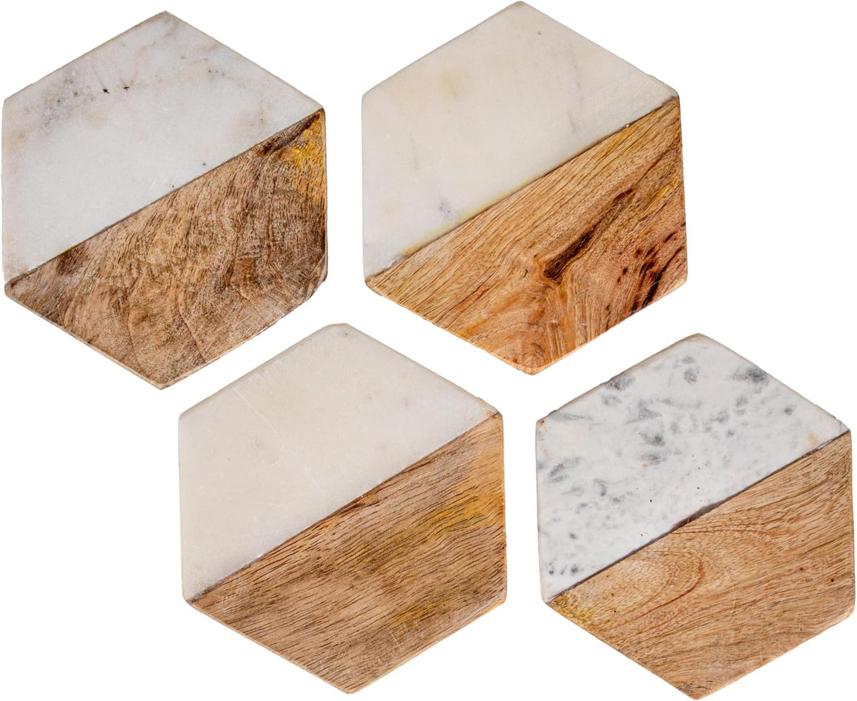 Creative Co-Op 4-Piece Marble and Mango Wood Hexagon Coasters, White and Natural
