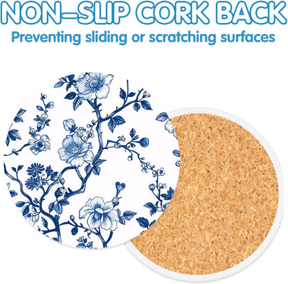 Blue and White Coasters Set of 6, Blue White Floral Ceramic Coasters with Holder Cork Base, Drink Absorbent Coffee Table Protection Home Decor, Christmas Housewarming Gifts