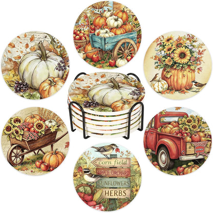 Whaline 6Pcs Fall Ceramic Coasters with Holder Pumpkin Truck Sunflower Bucket Drink Coaster Retro Farmhouse Heat-Resistant Cup Mats for Autumn Thanksgiving Home Party Tabletop Decor