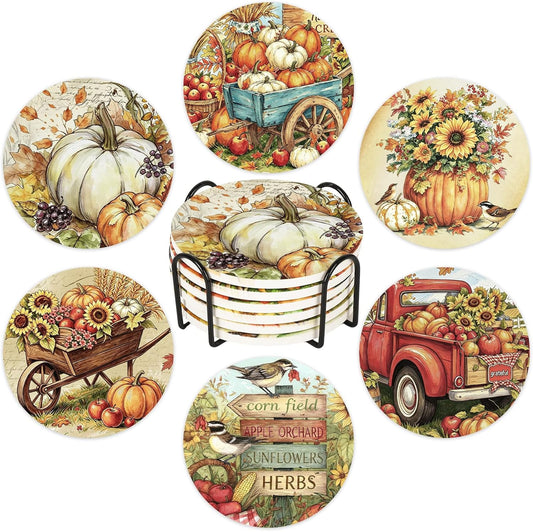 Whaline 6Pcs Fall Ceramic Coasters with Holder Pumpkin Truck Sunflower Bucket Drink Coaster Retro Farmhouse Heat-Resistant Cup Mats for Autumn Thanksgiving Home Party Tabletop Decor