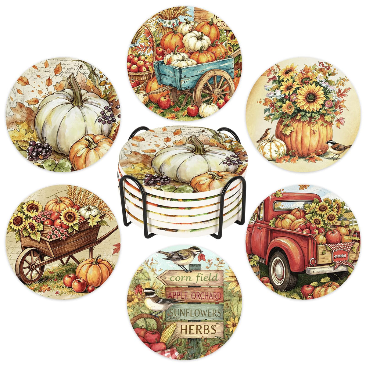 Whaline 6Pcs Fall Ceramic Coasters with Holder Pumpkin Truck Sunflower Bucket Drink Coaster Retro Farmhouse Heat-Resistant Cup Mats for Autumn Thanksgiving Home Party Tabletop Decor