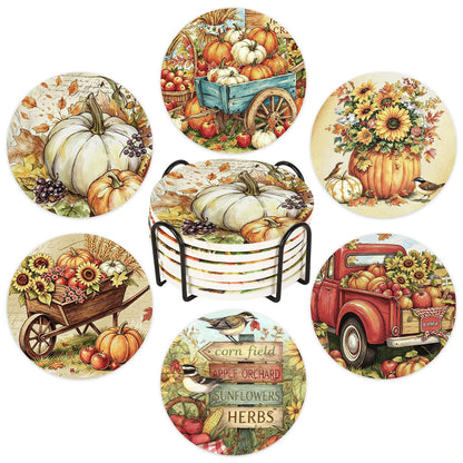 Whaline 6Pcs Fall Ceramic Coasters with Holder Pumpkin Truck Sunflower Bucket Drink Coaster Retro Farmhouse Heat-Resistant Cup Mats for Autumn Thanksgiving Home Party Tabletop Decor