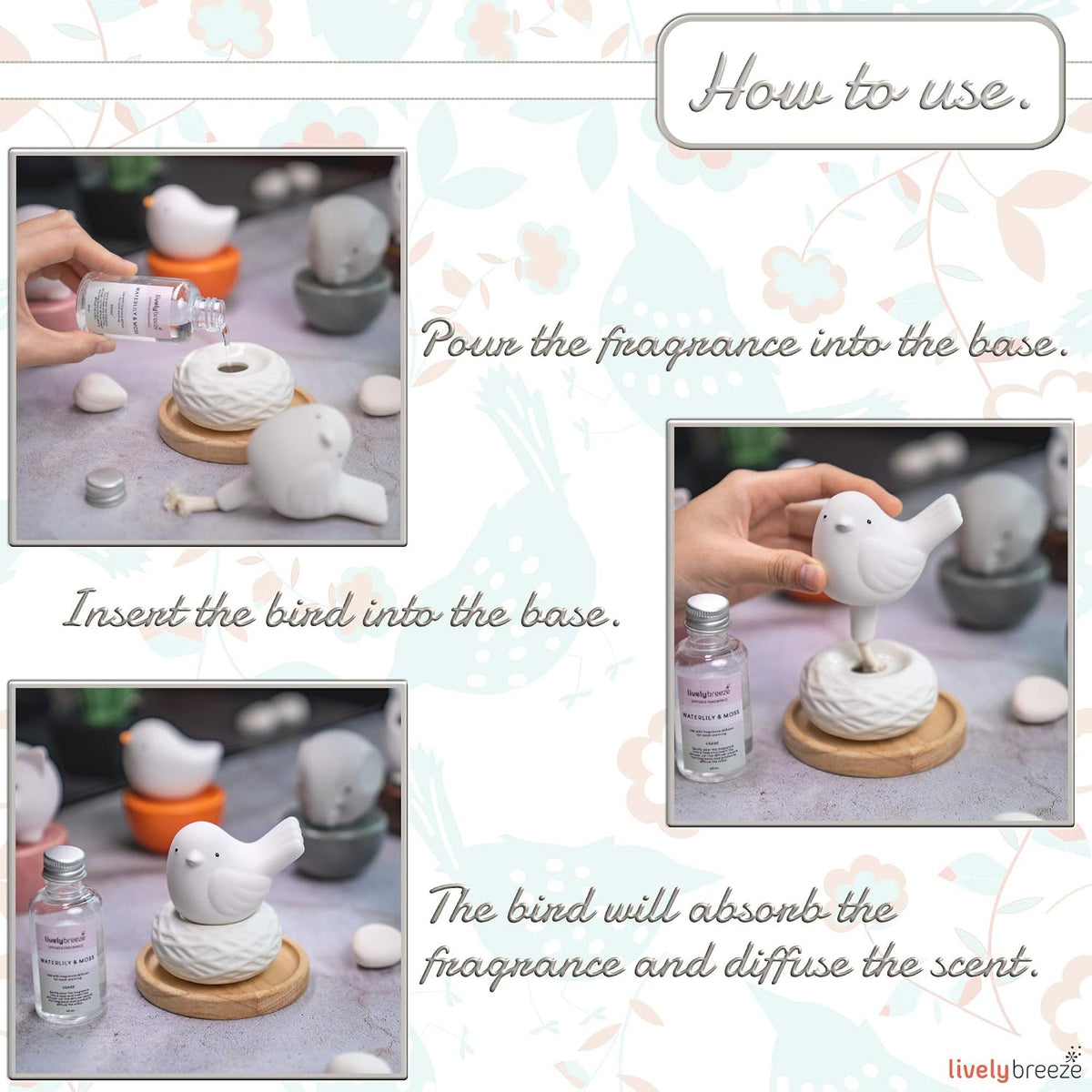 Little Bird Nest, Non-Electric Ceramic Diffusers for Essential Oils and Aromatherapy Fragrance, White Ceramic Diffusers in Car or Bathroom and Desk Office Decor, White Vase