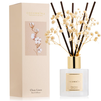 Cocorrína Reed Diffuser Set, Clean Linen 6.7 fl oz Scented Diffuser with Sticks Home Fragrance Reed Diffuser for Bathroom Shelf Décor