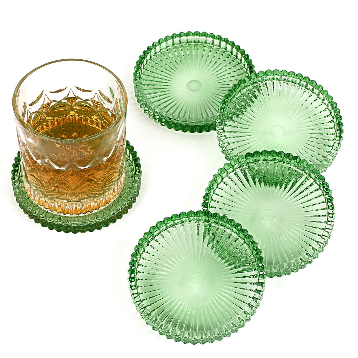 Modern Clear Coaster Set of 5- Glass Coasters for Drinks, Clear Green