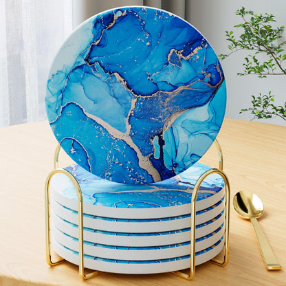 6Pcs/Set Marble Abstract Ceramic Coasters with Holder, Absorbent Drink Coasters, Coffee Cup Coaster,Round Ceramic Table Coasters Set Decorative