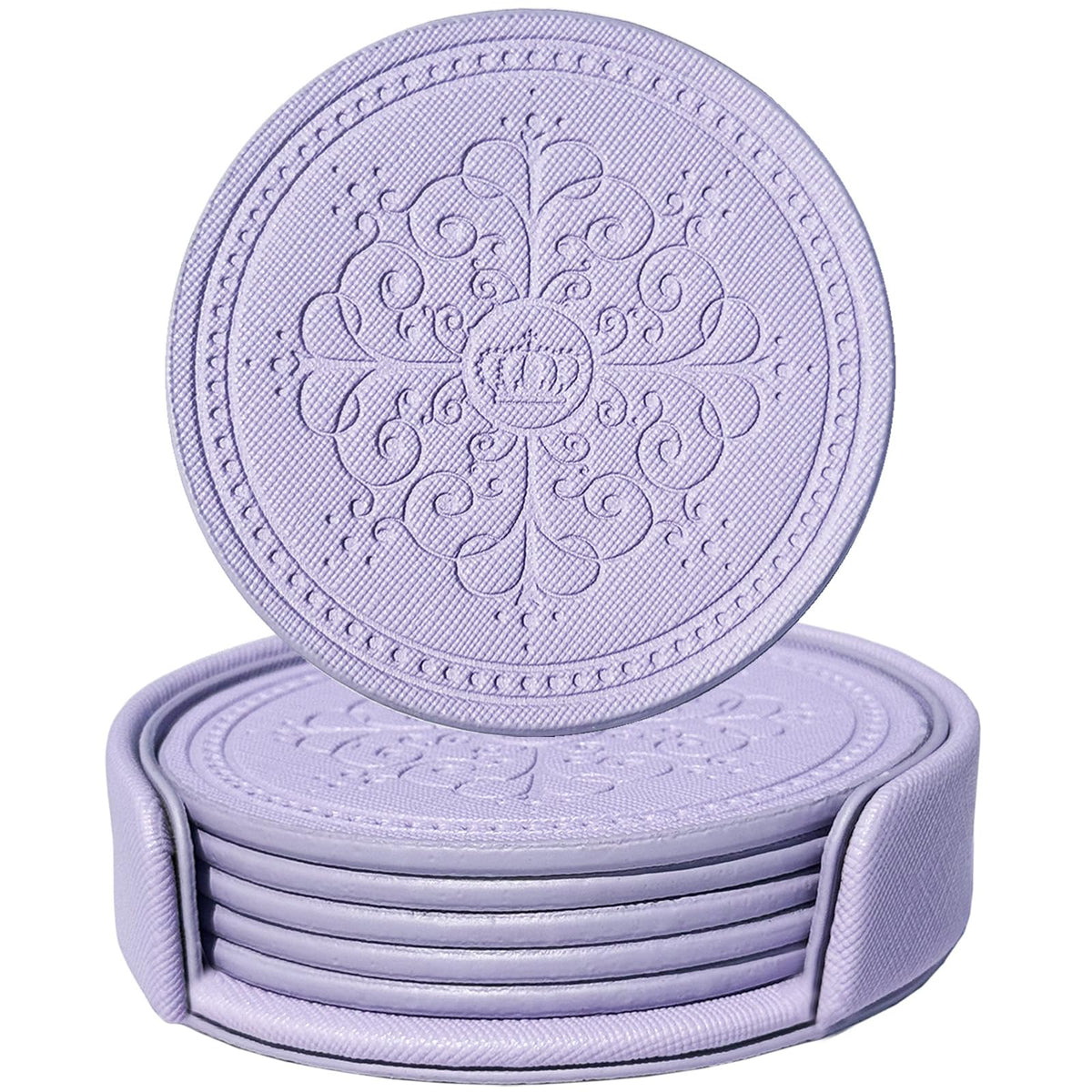 Coasters Set of 6 - PU Leather Coasters for Drinks with Holder - Gold