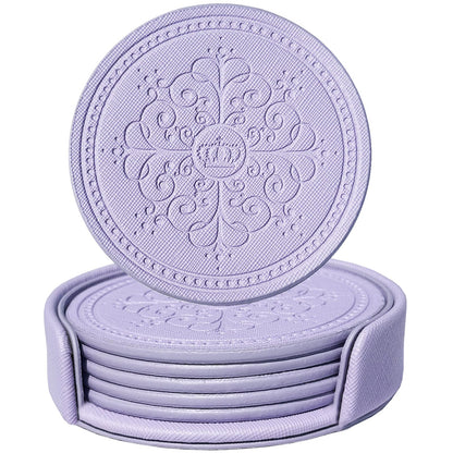 Coasters Set of 6 - PU Leather Coasters for Drinks with Holder - Gold