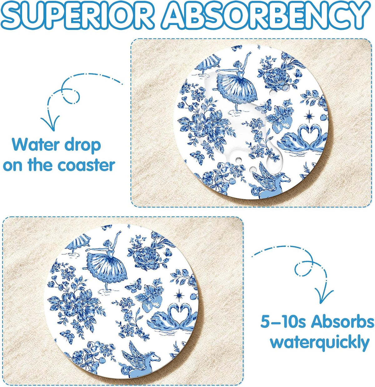 Blue and White Coasters Set of 6, Blue White Floral Ceramic Coasters with Holder Cork Base, Drink Absorbent Coffee Table Protection Home Decor, Christmas Housewarming Gifts