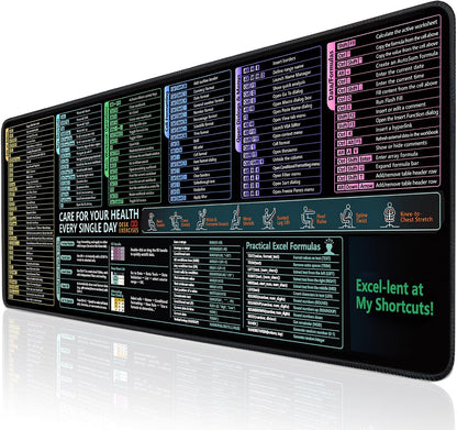 Excel Cheat Sheet Desk Pad and Gaming Mouse Pad with A Non-Slip Rubber Base