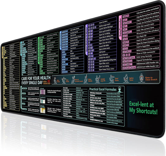 Excel Cheat Sheet Desk Pad and Gaming Mouse Pad with A Non-Slip Rubber Base