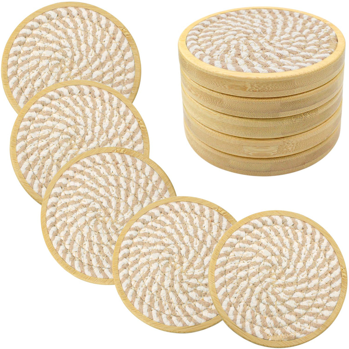 Eykao 5 Pack Coasters for Drinks Absorbent, 4.3 inches Woven Coasters for Coffee Tables, Wooden Drink Coasters for Table Protection, Reusable Drink Coasters for Kitchen, Farmhouse, Bar, Office, Brown