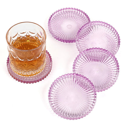 Modern Clear Coaster Set of 5- Glass Coasters for Drinks, Clear Pink