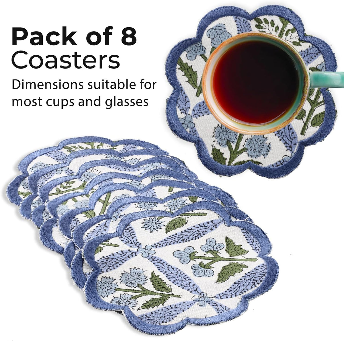 Ridhi 8-Pcs 100% Cotton Hand Block Print Drink Coasters 5" in Steel Blue