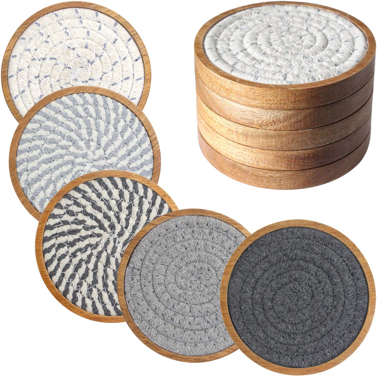 Eykao 5 Pack Coasters for Drinks Absorbent, 4.3 inches Woven Coasters for Coffee Tables, Wooden Drink Coasters for Table Protection, Reusable Drink Coasters for Kitchen, Farmhouse, Bar, Office, Brown