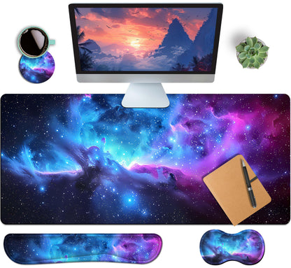 4-Piece Extended Large Mouse Pad Set for Women Men with Castle Night Design Includes 35.4 x 15.7 XXL Large Mouse Pad Keyboard Wrist Rest Mouse Wrist Support and Coaster for Office Home