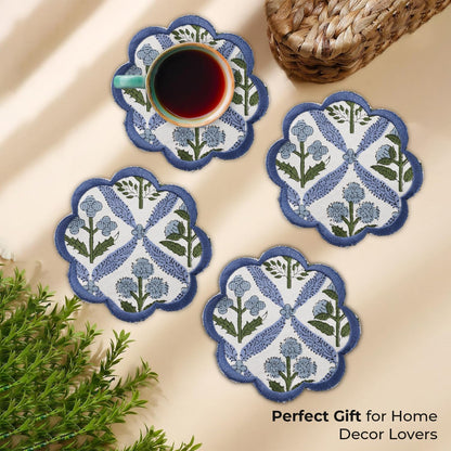Ridhi 8-Pcs 100% Cotton Hand Block Print Drink Coasters 5" in Steel Blue