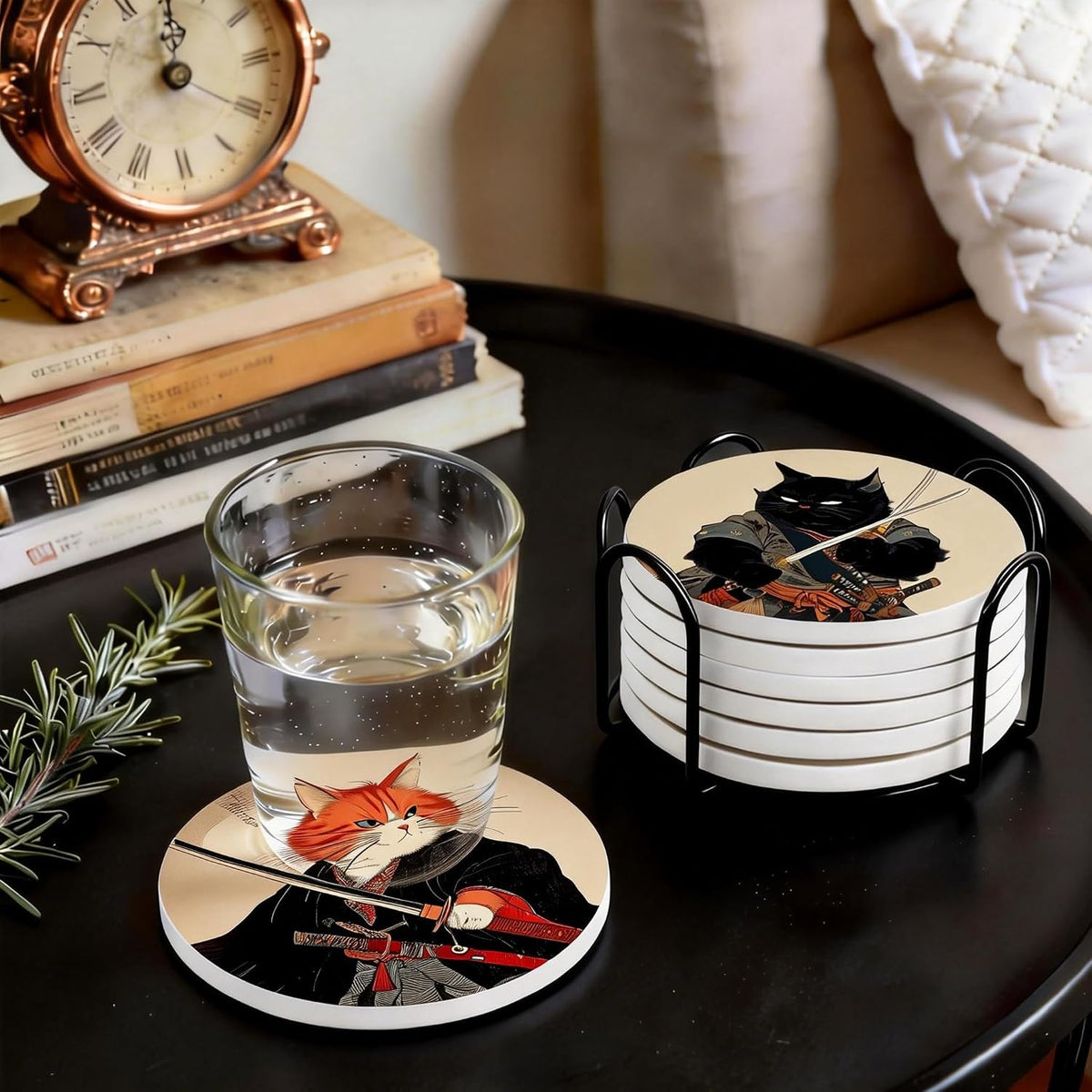 Dooke Coasters for Drinks, Round Absorbent Ceramic Stone Coasters Set of 6 with Cork Base, Funny Drink Coasters with Holder for Cold Drinks Wine Mugs and Cups Tabletop Protection,Japanese‌ Cat