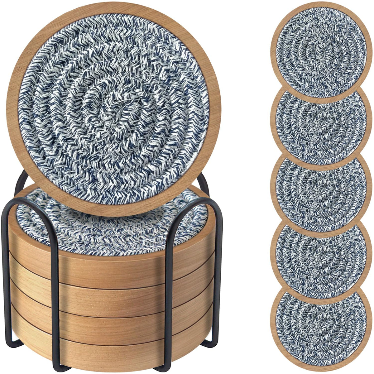 Wood Coasters for Drinks, Eykao Absorbent Coaster Sets of 5, Woven Drink Coasters for Coffee Table, Housewarming Gift for Farmhouse Home Decor,4 inches