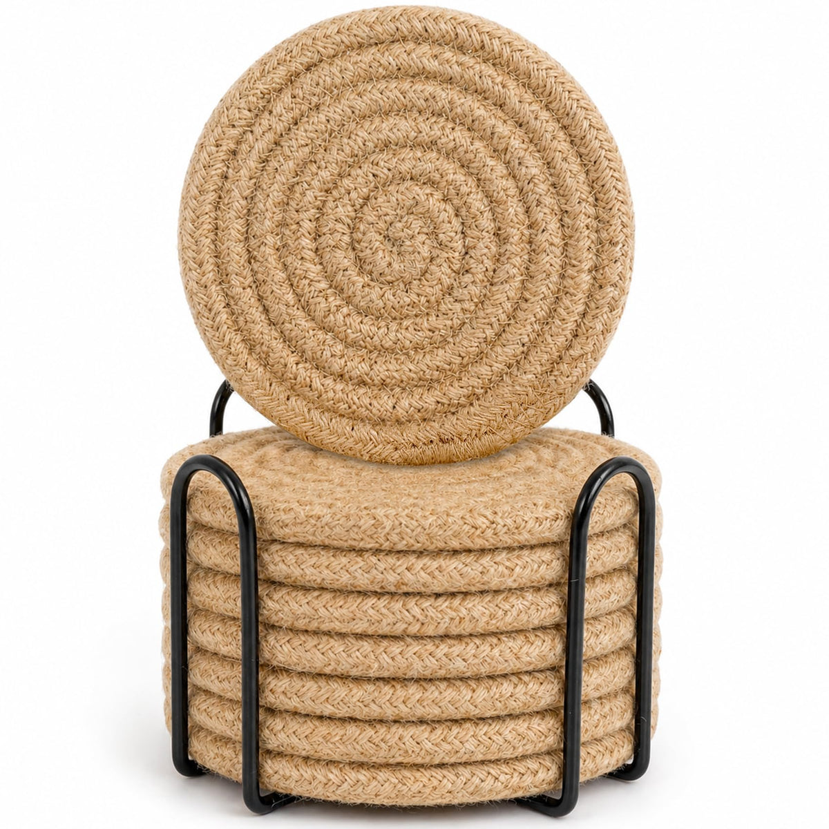 ABenkle 8 Pcs Drink Coasters with Holder, Cotton Woven Absorbent Coasters for Drinks, Minimalist Home Decor Coaster Set for Wooden Tabletop Protection Table, 4.3 inches