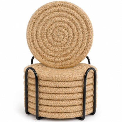 ABenkle 8 Pcs Drink Coasters with Holder, Cotton Woven Absorbent Coasters for Drinks, Minimalist Home Decor Coaster Set for Wooden Tabletop Protection Table, 4.3 inches
