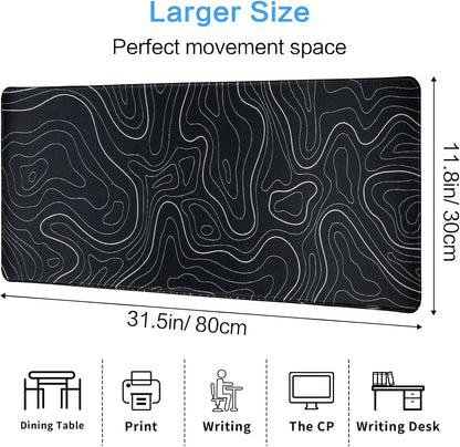 Gaming Mouse Pad Large 31.5 x 11.8in Topographic Keyboard Mousepad for Non-Slip Base and Stitched Edge, Extended Desk Pad XL Desk Mat (Black)
