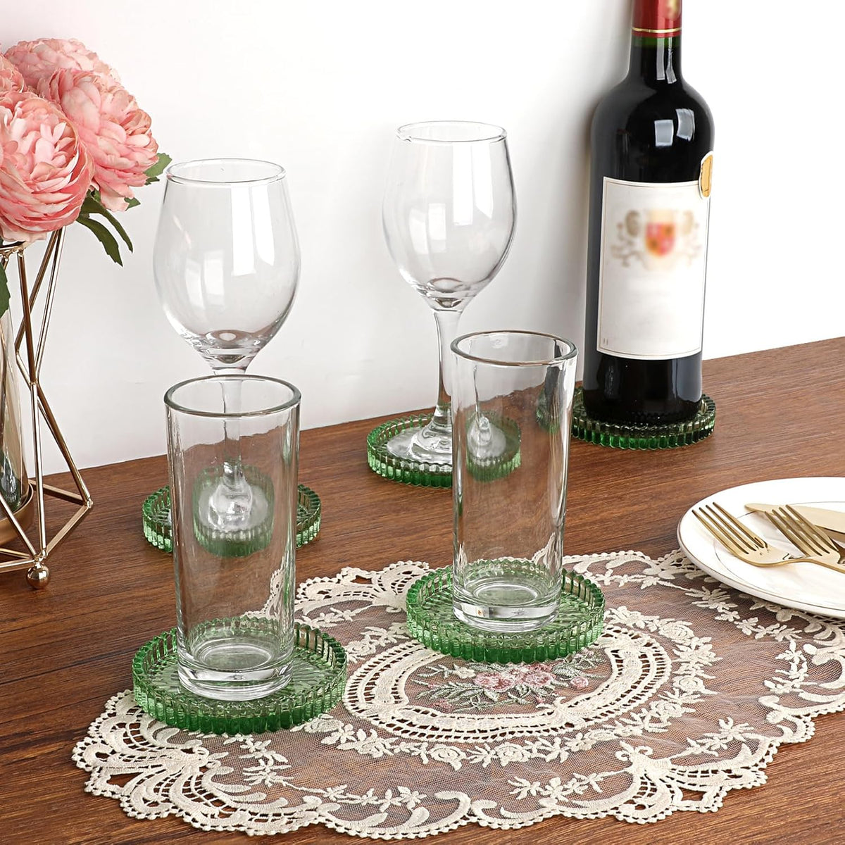 Modern Clear Coaster Set of 5- Glass Coasters for Drinks, Clear Green