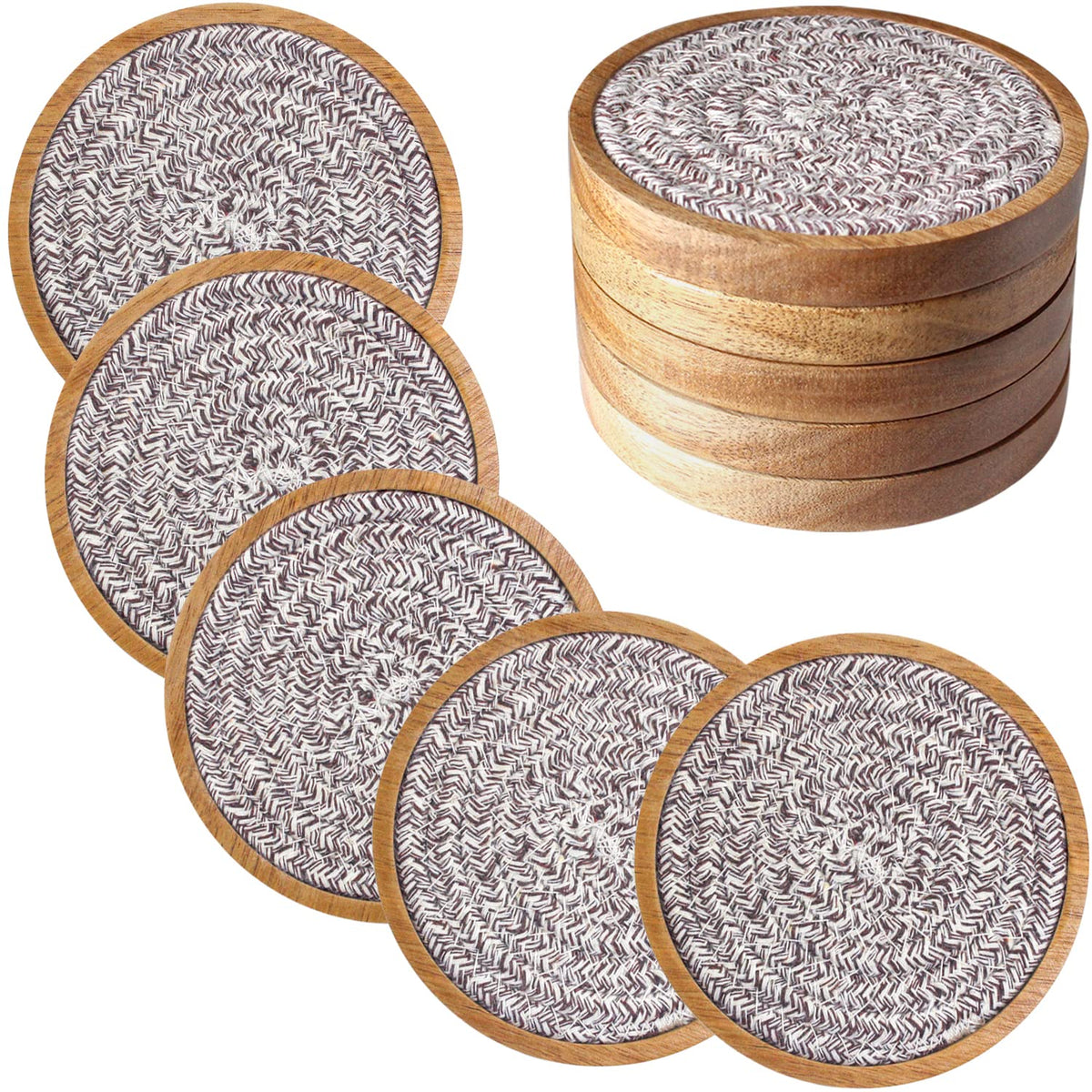 Eykao 5 Pack Coasters for Drinks Absorbent, 4.3 inches Woven Coasters for Coffee Tables, Wooden Drink Coasters for Table Protection, Reusable Drink Coasters for Kitchen, Farmhouse, Bar, Office, Brown