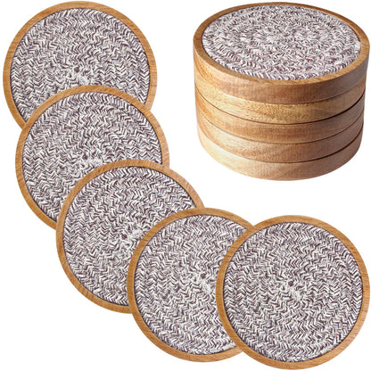 Eykao 5 Pack Coasters for Drinks Absorbent, 4.3 inches Woven Coasters for Coffee Tables, Wooden Drink Coasters for Table Protection, Reusable Drink Coasters for Kitchen, Farmhouse, Bar, Office, Brown