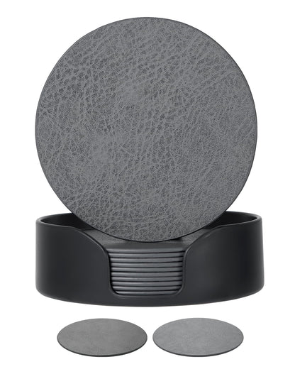 Reversible Leather Coasters Set of 18 with Holder, 4" Round Waterproof Heat-Resistant Non-Slip Cup Mats for Coffee Table, Bar, Dining Room