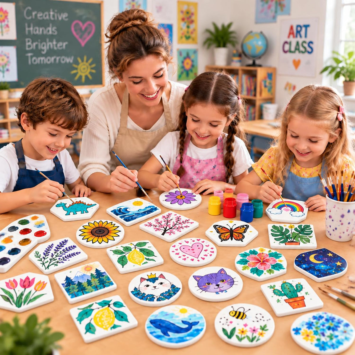 24 Pcs Round Ceramic Tiles for Crafts 4x4 inches，Equipped with self Adhesive Cork mat, unglazed Ceramic Coasters for Crafts,Use with Alcohol Ink or Acrylic Pouring Make Your Own DIY Coasters