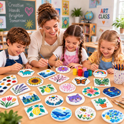 24 Pcs Round Ceramic Tiles for Crafts 4x4 inches，Equipped with self Adhesive Cork mat, unglazed Ceramic Coasters for Crafts,Use with Alcohol Ink or Acrylic Pouring Make Your Own DIY Coasters
