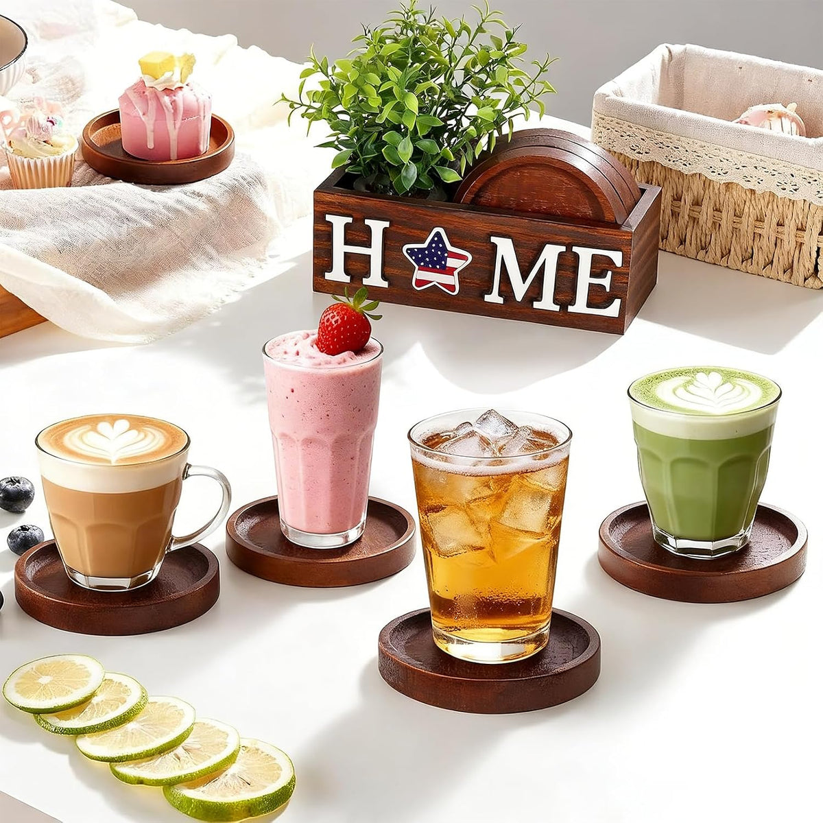 Wood Coasters Set of 4 for Drinks with Holder for Table Decor